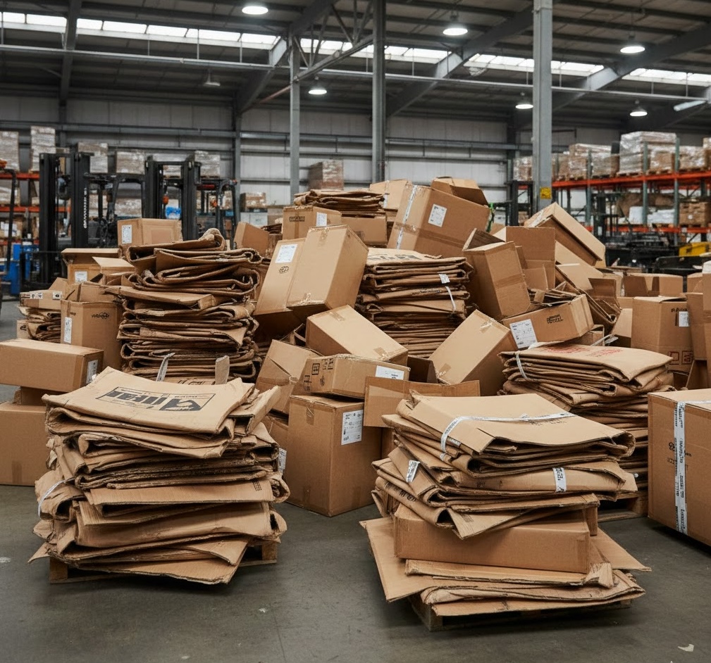 Box Recycle warehouse with stacked boxes and pallets